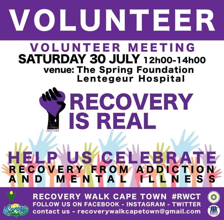 Volunteer at the 8th Recovery Walk in Cape Town. We invite you to join the volunteer information meeting on 30 July. Comment or email us at recoverywalkcapetown@gmail.com if you have any questions 💜
#recoveryispossible #celebraterecovery
#wedorecover  #mentalhealthmatters