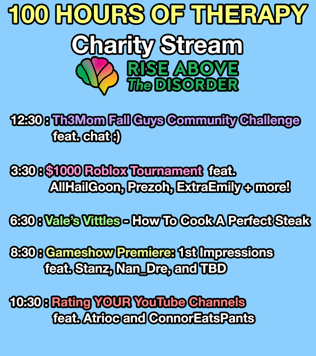 Th3ValeOfficial's tweet image. IT HAS BEGUN

12 HOURS
GOAL: 100 HOURS OF THERAPY ($3,000)
TONS OF GUESTS

SPREAD THE WORD
twitch . tv / th3vale