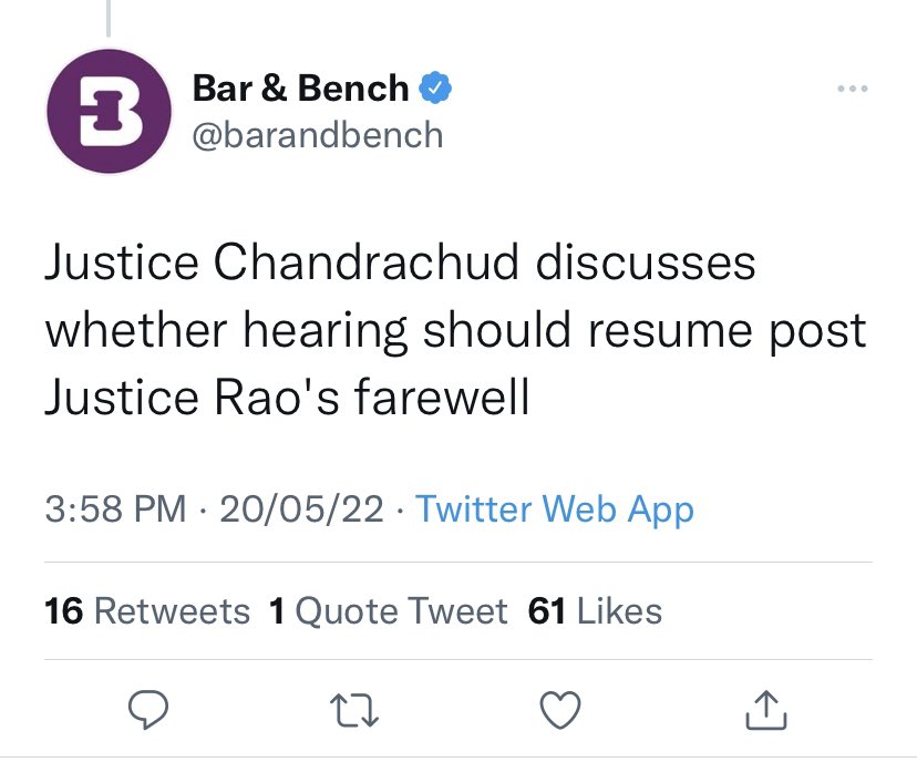BefittingFacts's tweet photo. And here J. Chandrachud pausing hearing to attend farewell meeting 🙂 https://t.co/zmRv8Vl9nI