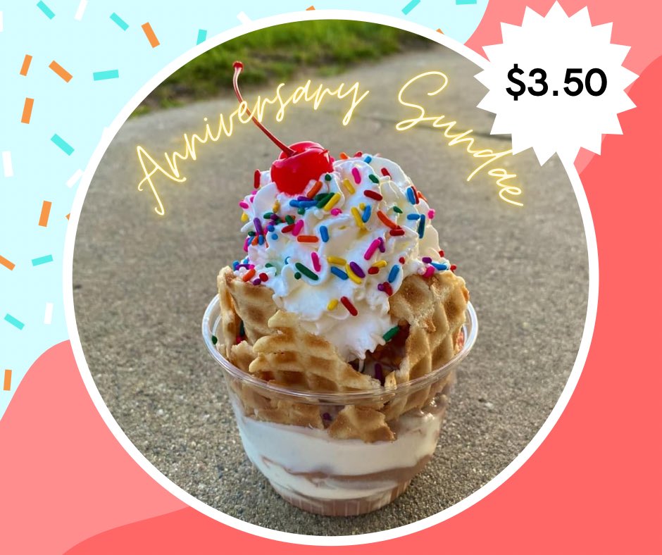 LakesideSwirl's tweet photo. Saturday: Happy 35th Anniversary, Lake Side Swirl!  To celebrate, enjoy the Anniversary Sundae for just $3.50. 

What’s in it?
Chocolate/Vanilla soft-serve, marshmallow syrup, chocolate syrup, waffle cone pieces, lastly topped with sprinkles https://t.co/pwRBBn24jF