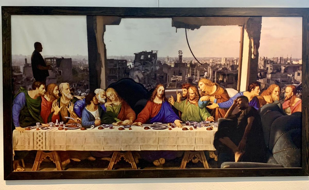 GermanAmbDoha's tweet photo. Art tells more than many words. Inspiring visit of Shababek gallery in #Gaza. Shukran @shareefsa1 for introducing us into the vibrancy &amp; variety of Gazan contemporary art. Note the weight of the shoes below👇gives an idea of being blocked in movement. https://t.co/Mz763roAmO