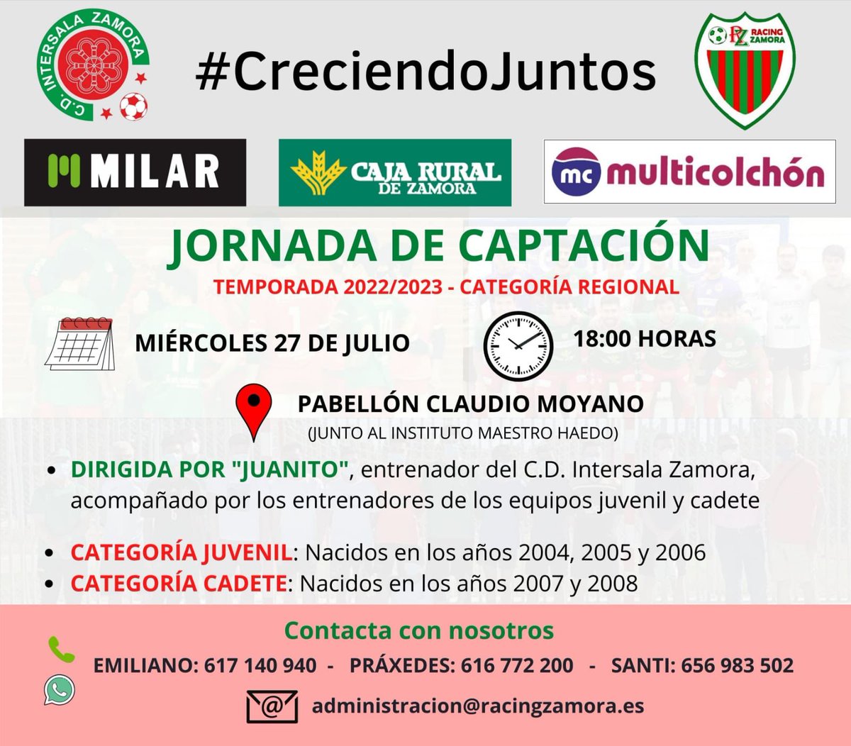 Recordatorio!!
CAPTACIÓN DE JUGADORES.
Para la formación de equipos Juvenil Regional y Cadete Regional. Se recibirá a los futuros aspirantes el próximo día 27 a las 18:00h en el Pabellón Claudio Moyano - 
(Junto al instituto Maestro Haedo) 
TE ESPERAMOS...
