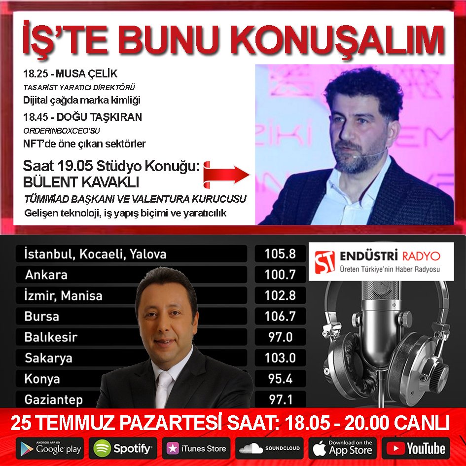 İŞ’TE BUNU KONUŞALIM 
Dijital çağda marka kimliğinin kuralları ne? NFT’lerin en çok kullanıldığı 5 sektör ne? Gelişen teknolojiler ve değişen iş yapış biçimleri ışığında yaratıcılığın rolü ne? @stendustriradyo @tummiad @valenturatech @Tasarist @orderinbox_tr @reelpiyasalar