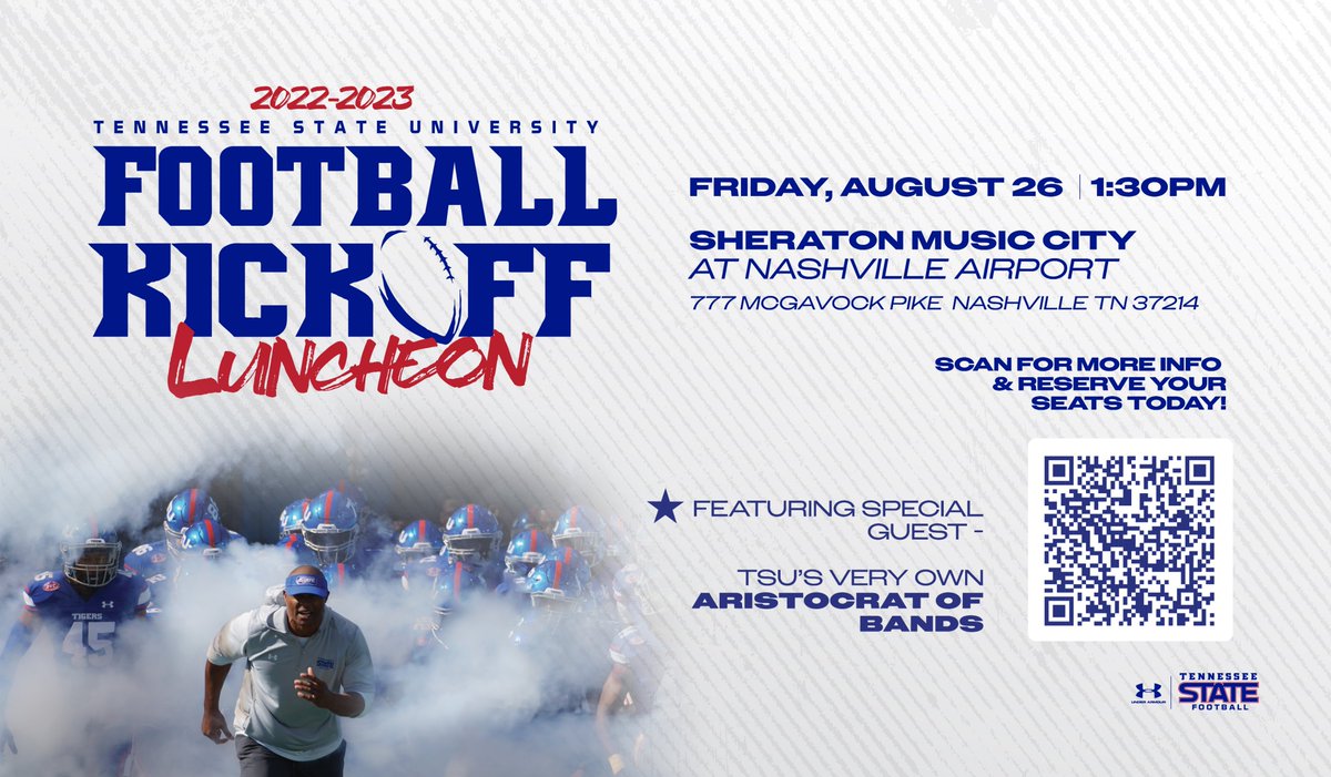 Tennessee State Football (@tsutigersfb) on Twitter photo Reserve your seats today for the 2022-23 Football Kickoff Luncheon at the <a href="/SheratonMCity/">Sheraton Music City</a> on August 26th.
🎟 eventbrite.com/e/tennessee-st…
#RoarCity x #GUTS Reserve your seats today for the 2022-23 Football Kickoff Luncheon at the <a href="/SheratonMCity/">Sheraton Music City</a> on August 26th.
🎟 eventbrite.com/e/tennessee-st…
#RoarCity x #GUTS