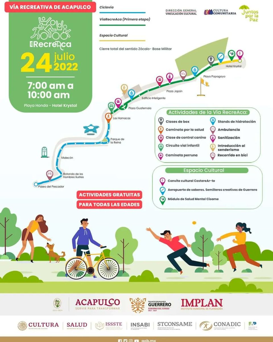 restaca1's tweet photo. Nos vemos el próximo domingo. En punto de las 07:00. Hagamos del espacio público un lugar de encuentro social y convivencia familiar. El Gobierno Municipal de Acapulco te invita. Próximo 24 de julio nos vemos en la Costera Miguel Alemán.
#ServirParaTransformar 🚧🚔🚴 https://t.co/MfBUCYyYUz