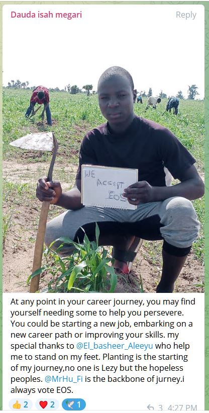 EOSPGLMLT_BP's tweet photo. #MyvoteEOS #HuFi We have been awarding small promotions &amp; community members in Nigeria are choosing to use the promotions to purchase field tools. There is no greater reward than hearing, reading someone being grateful. WEB3.0 has an infinite reach. This is the only fuel I need. https://t.co/gDlMAiGXFs