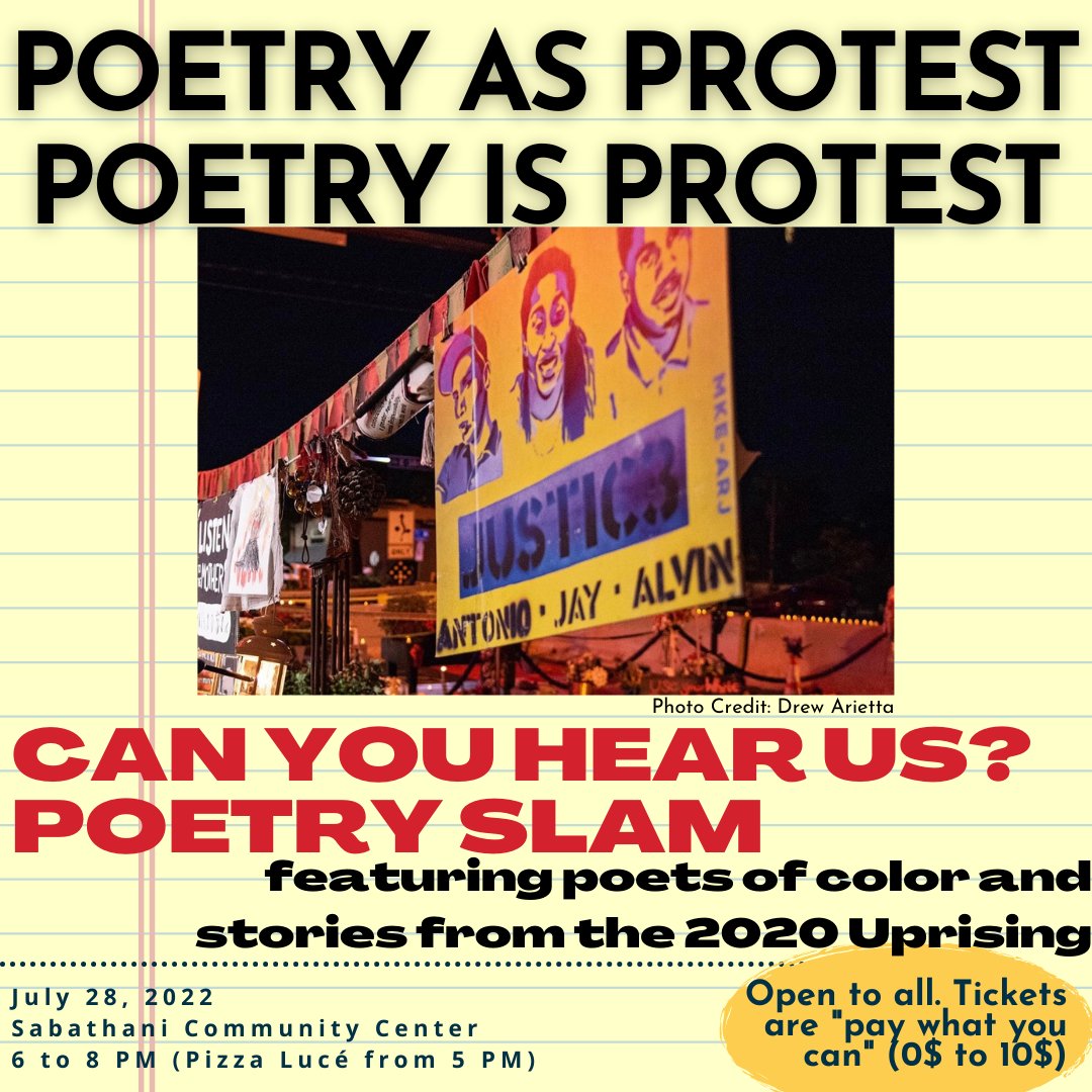Poems will center around Black liberation and the Uprising. Come out to be inspired and to build community. 
Secure your seat (and free pizza!) now:  bit.ly/canyouhearusti…
We still have spots open to perform! Fill out this interest form: bit.ly/gfgmpoetry