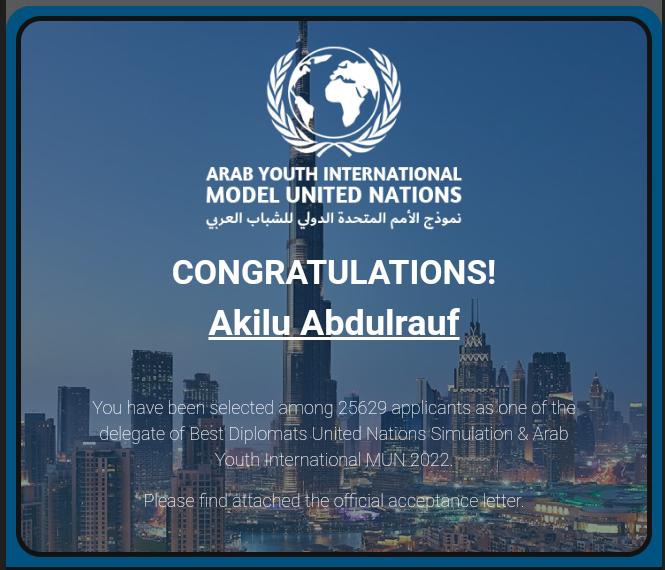 AbdulraufAkilu's tweet photo. I'm glad to announce that I've been selected as a Delegate in the upcoming Best Diplomat's UN Simulation Conference & Arab Youth International Model UN. Can't wait to be there! #ArabYouthMUN #AYIMUN #BestDiplomats #UnitedNations #UN #modelunitednations https://t.co/C8DWJGv16B