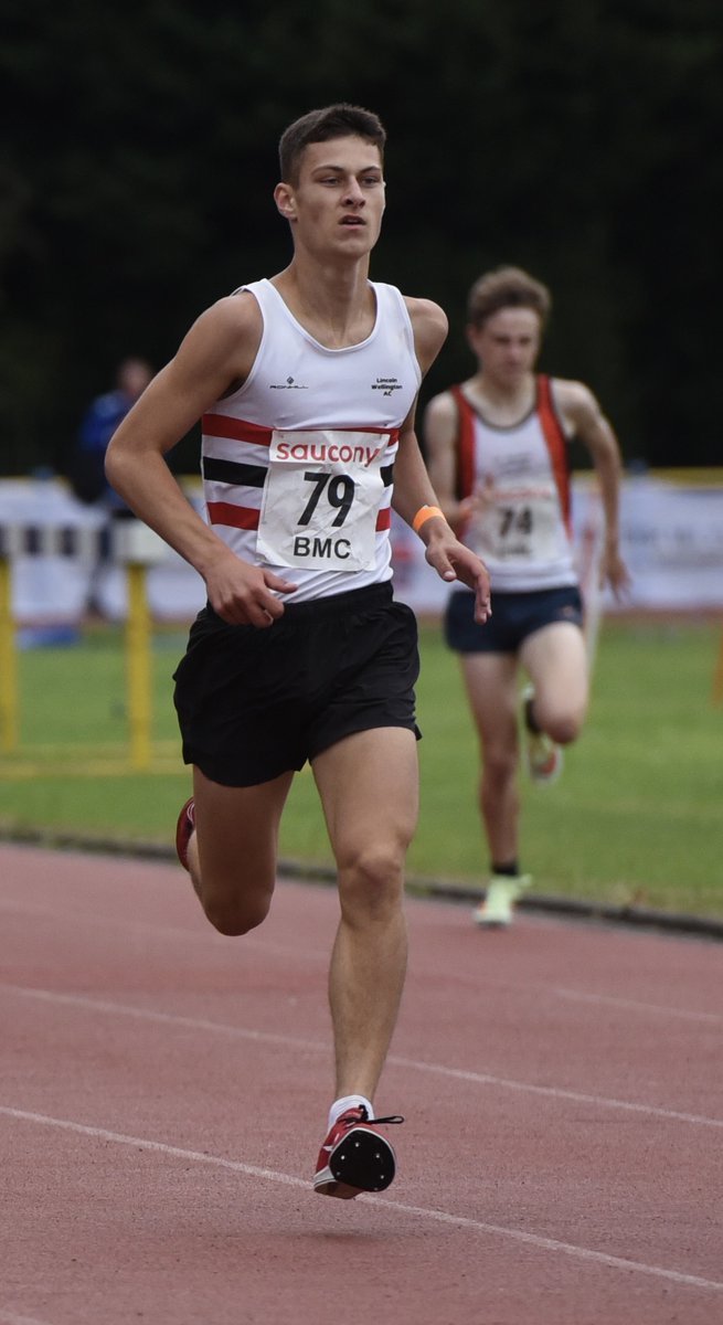 Cameron West powers down the home straight to clinch third place in his 800m race at the British Milers Club Grand Prix at Trafford Athletic Club, Manchester. His strong finish earned him a personal best time of 1min 55.51secs.