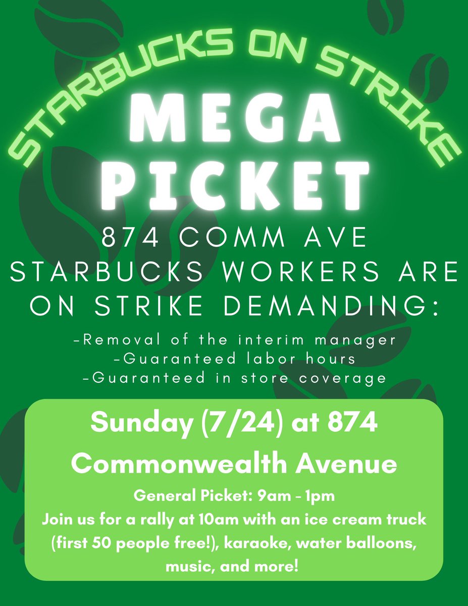 BostonSBWU's tweet photo. What are y’all most excited for? The ice cream truck? karaoke? water balloons? joining workers in their strike against a notoriously anti-union billion dollar corporation? 💚💚💚 https://t.co/84bJAKr45l
