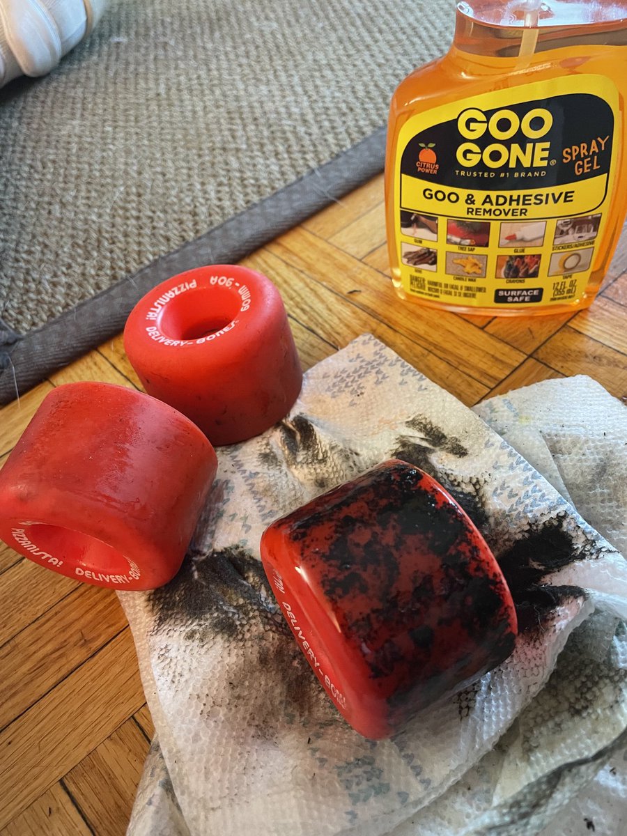 MegoWee's tweet photo. Had to use Goo Gone to get the tar off my wheels. Rolled over a recently filled patch of road. The heat had softened the black top to the point it grabbed my wheels and almost threw me off! #skateboard #oldschoolskate #googone https://t.co/B5U1feER9w