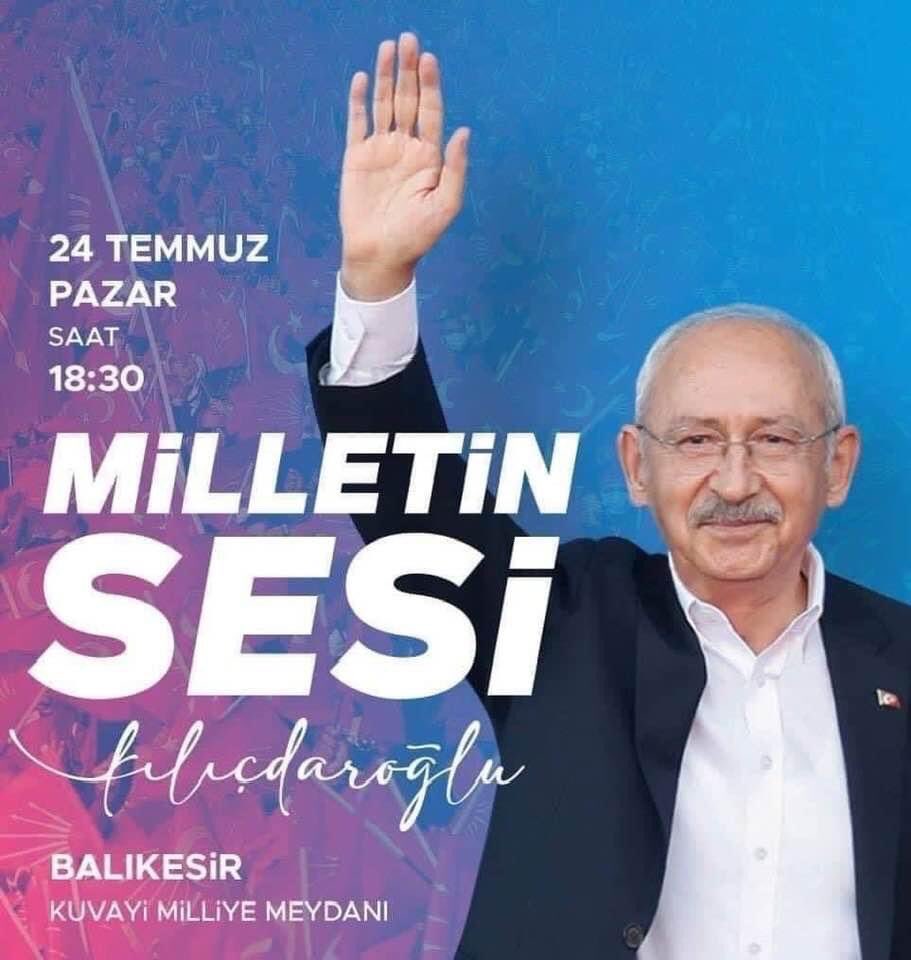 eczozgurozel's tweet photo. Genel Başkanımız Sayın Kemal Kılıçdaroğlu 24 Temmuz'da Balıkesir Kuvayi Milliye Meydanı'nda!
#MilletinSesiBalıkesirde.

📍Balıkesir 
🗓️24 Temmuz 2022 Pazar 
⏰Saat 18:30 https://t.co/RqJtP0rmlp