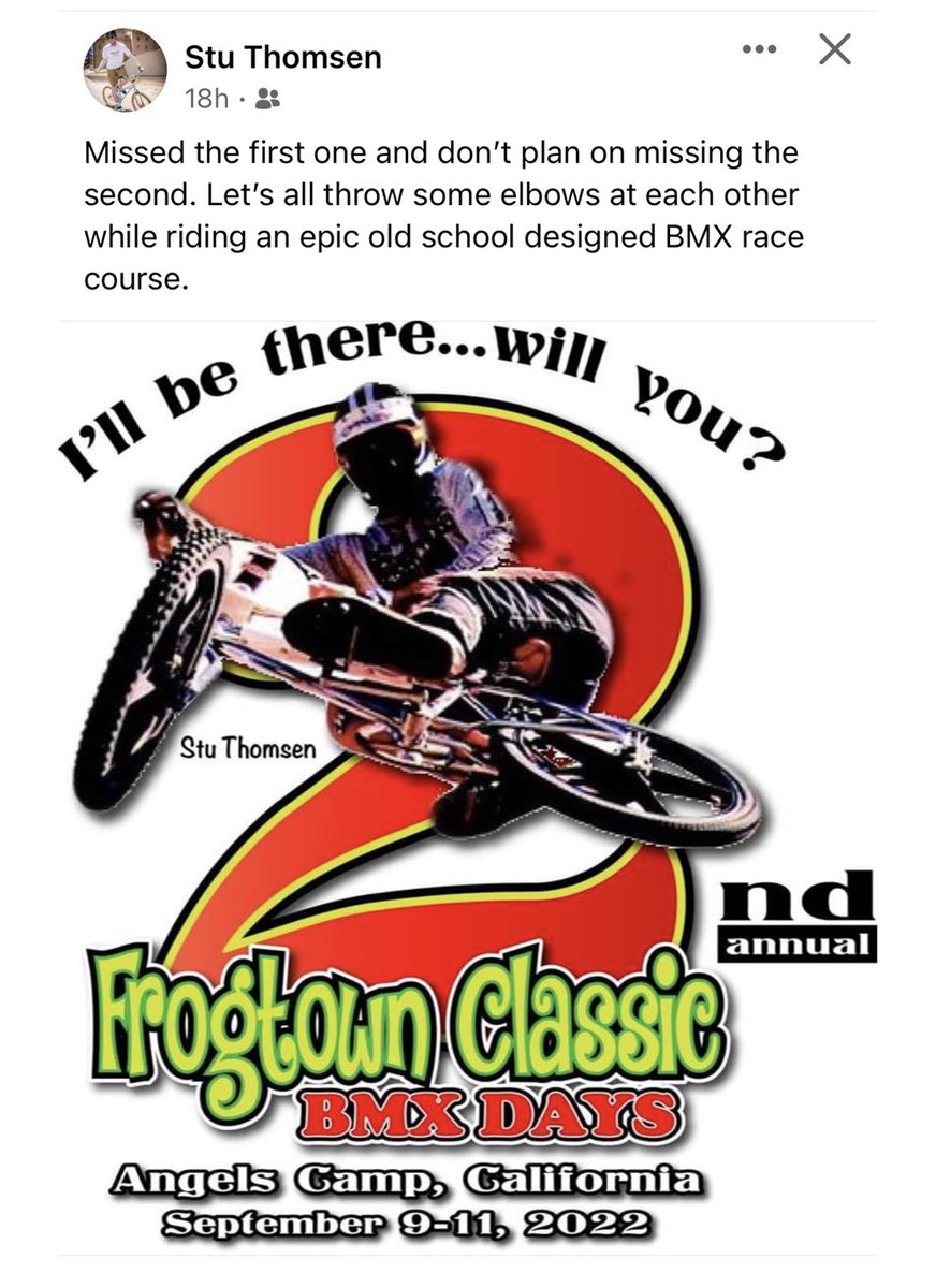 frogtownbmxdays's tweet photo. Another heavy hitter lined up for this year’s Frogtown Classic BMX Days. For details including registration go to: https://t.co/yxXcAGMews #stuthomsen https://t.co/7wK0fmviDV
