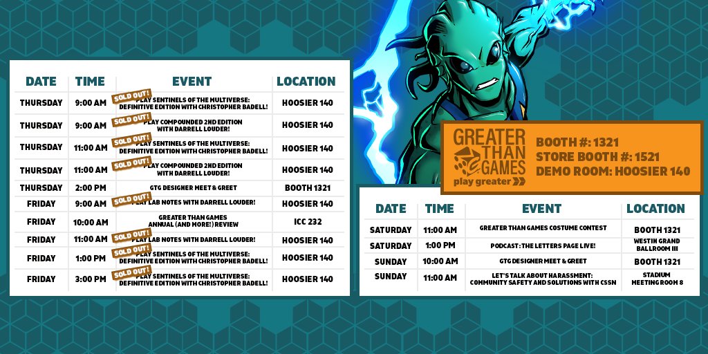 Events! Get your event schedule here for <a href="/Gen_Con/">Gen Con</a>! That's right, Greater Than Games has your event schedule here and now! Come join us throughout the con!