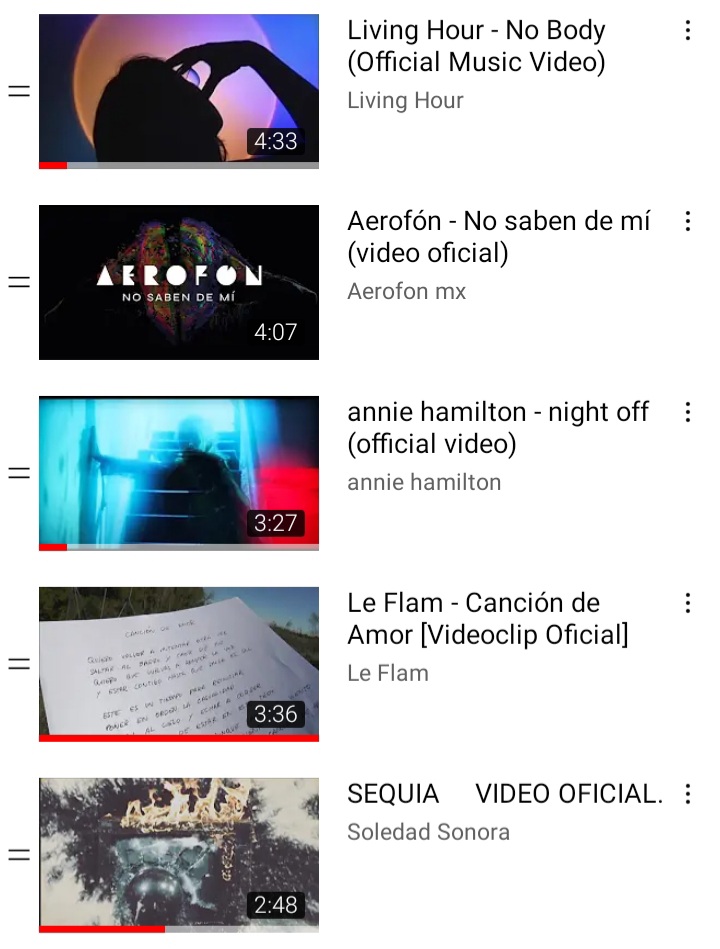 BanDesconocidas's tweet photo. Los videos que agregué a la lista de reproducción de videos estrenados en 2022 son:
No body - @livinghour 
No saben de mí - @aerofon 🇲🇽
Night off - @anniehamilton_ 🇦🇺
Canción de amor - @LeFlambanda 🇪🇸
Sequía - Soledad Sonora &amp; Seba Garcimuño 🇦🇷🇮🇹🇪🇸
Link: https://t.co/UdDeGgUq0L https://t.co/rM298jCL70