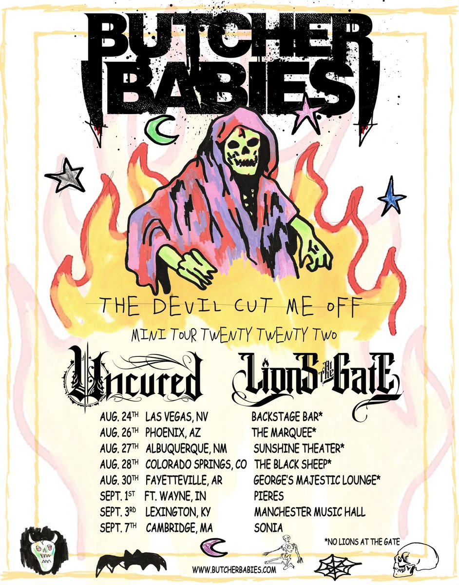More dates in 2022 you say??? Well, more dates you get!!! Join our Devil Cut Me Off Mini Tour with @uncuredband & @lionsatthegate Aug24-Sep7. more tba * no lions at the gate tix on sale 7/26 @ butcherbabies.com #butcherbabies #uncured #lionsatthegate