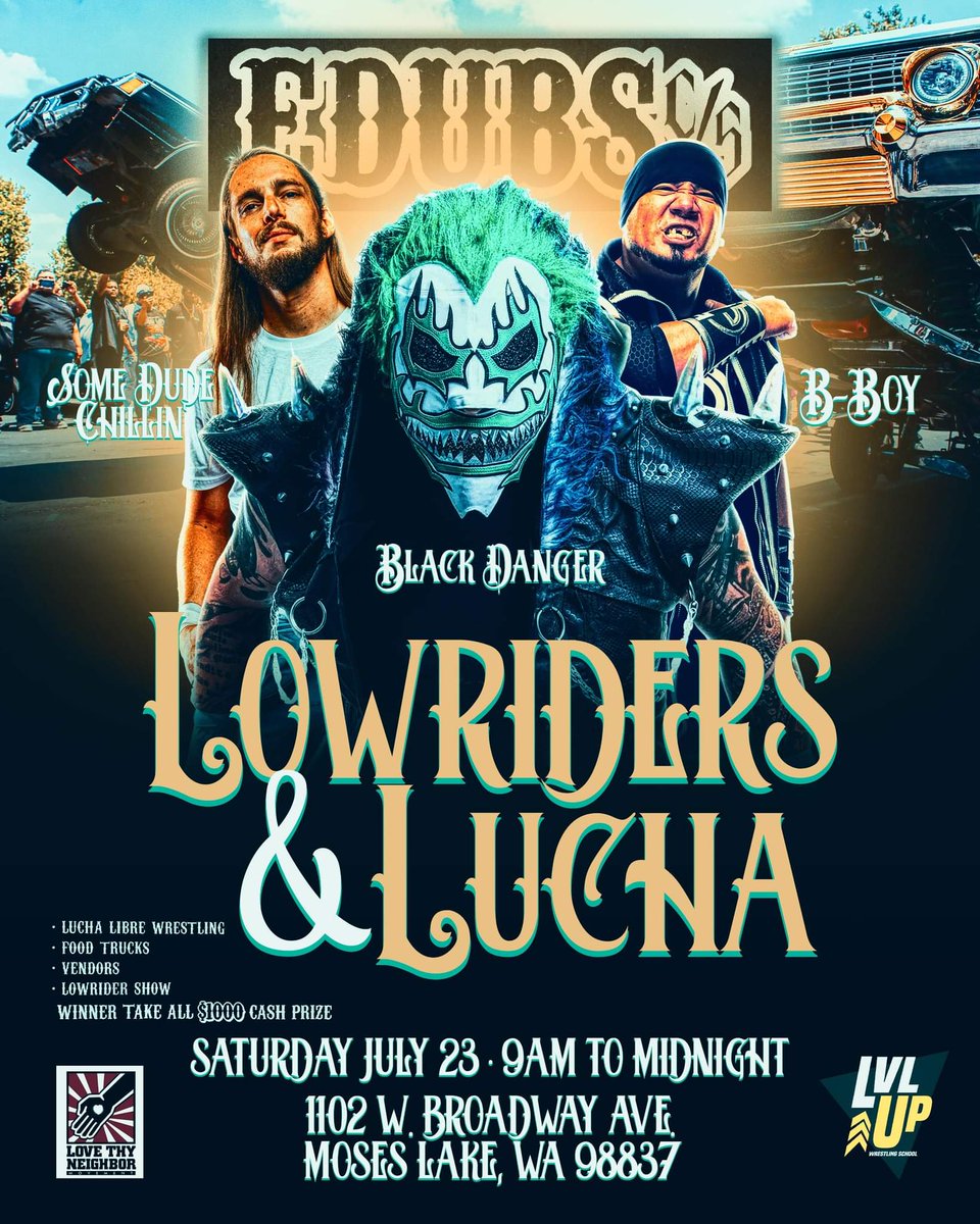 sdprowrestling's tweet photo. ! LOWRIDERS &amp; LUCHA !

        EDUBS C/S
🎉 Grand opening! 🎉
-Lucha Libre | Pro Wrestling
-Lowrider competition
            ($1000 cash prize)
-Food Trucks
+ more!

Today 9am - midnight!
#lvlupwrestling #Edubs #prowrestling #luchalibre https://t.co/ODWs71sCfC