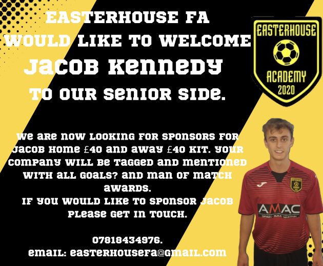 EasterhouseFA's tweet photo. Our senior side are looking for individual player home and away sponsors. 

If anyone interested please get in touch either on here or see player info below. https://t.co/4oCBjQYx0S