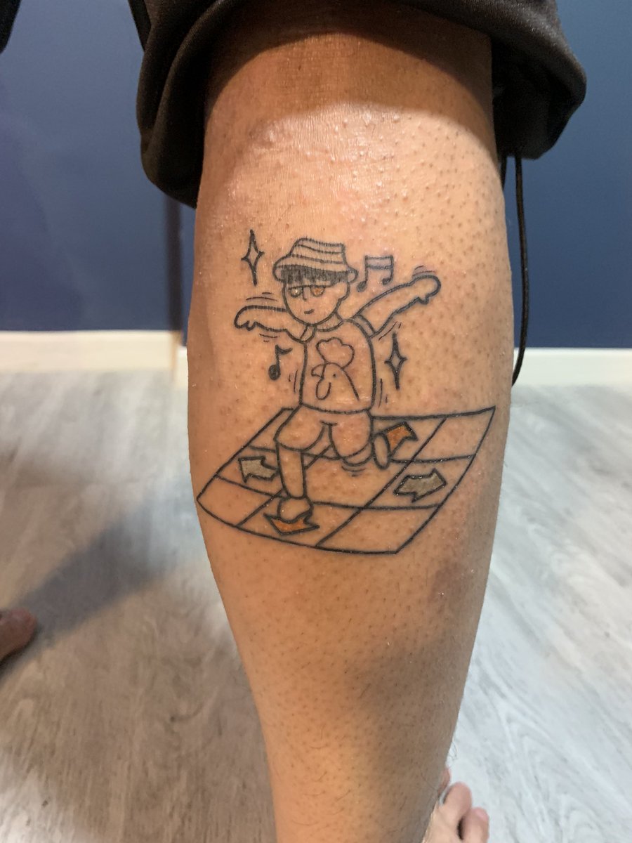 seanyddr's tweet image. A few days ago, I went and got this inked. I am so happy it turned out perfect!

@lmTacoCat designed my exact get-up for ddr sessions ft. my fav rooster shirt. Mega thanks to Kian my tattoo artist! 

I hope this +accuracy +speed to my stats 🥲🥲 #ddr #tattoo #singapore