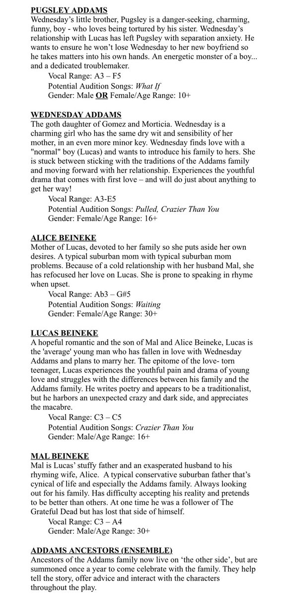 PerryPlayers909's tweet photo. 🦇 AUDITIONS 🦇

We are TWO WEEKS OUT from auditions for our fall musical, The Addams Family! Check out character descriptions below and let us know if you’ll be there! Don’t miss your chance to be part of this creepy and cooky family! 🎃 https://t.co/JOQIe9cTaV