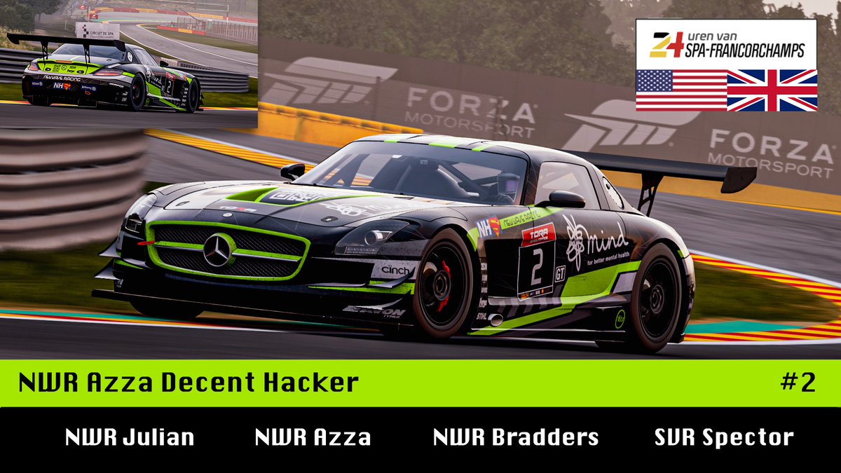 car #1 is the #2 Mercedes SLS AMG GT3 - NWR Azza decent hacker! with the following drivers in the car!

<a href="/NWR_Julian/">Julian</a> 
<a href="/NWR_Azza/">Aaron</a> 
<a href="/NWR_Bradders/">Bradders</a> 
<a href="/_Spect0r_/">Spector</a> 

🎨: @EarniNwr