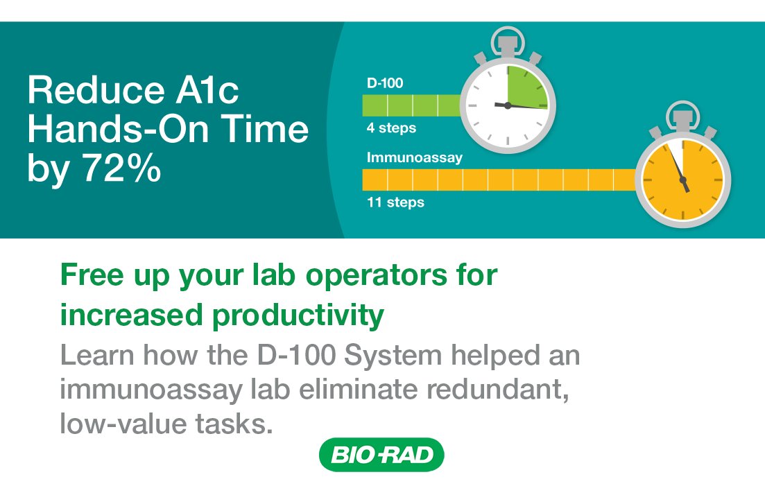 BioRadDiag's tweet photo. Would you like to eliminate redundant, low-value tasks, like sample preparation and daily maintenance? View our video to discover how the D-100 System helped an immunoassay lab reduce hands-on time by 72%. Data on file. #2022AACC #diabetes #Test2Prevent https://t.co/HjkXW3JABE https://t.co/VY2G3U4Rmv