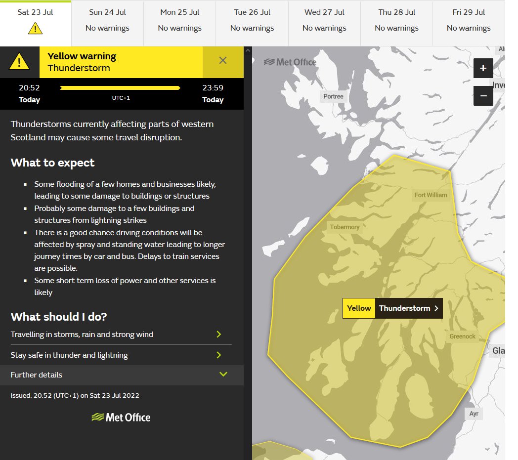 ⚠️ Yellow weather warning issued ⚠️

Thunderstorms across western parts of Scotland

Valid until 2359 on Saturday

Latest info 👉 bit.ly/WxWarning

Stay #WeatherAware⚠️