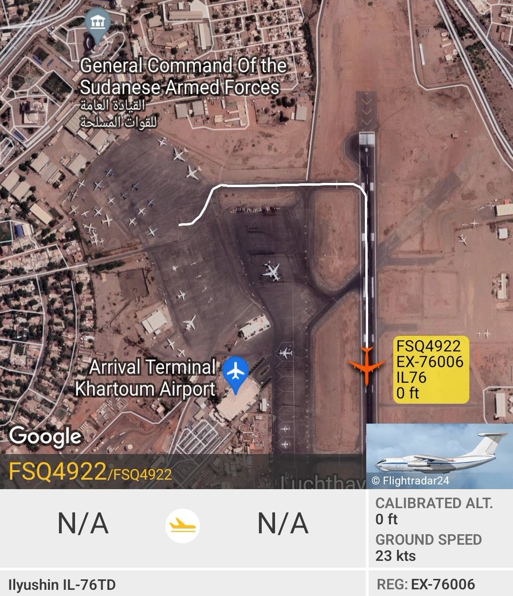 Gerjon_'s tweet photo. "Fly Sky Airlines" Ilyushin Il-76TD reg. 🇰🇬EX-76006 flew from 🇦🇪Sharjah, UAE to 🇸🇩Khartoum, Sudan tonight: #FSQ4921. 

Just returned as #FSQ4922. 

Visited the apron all the way on the NW, I think is the military apron. https://t.co/QodocQZrEn