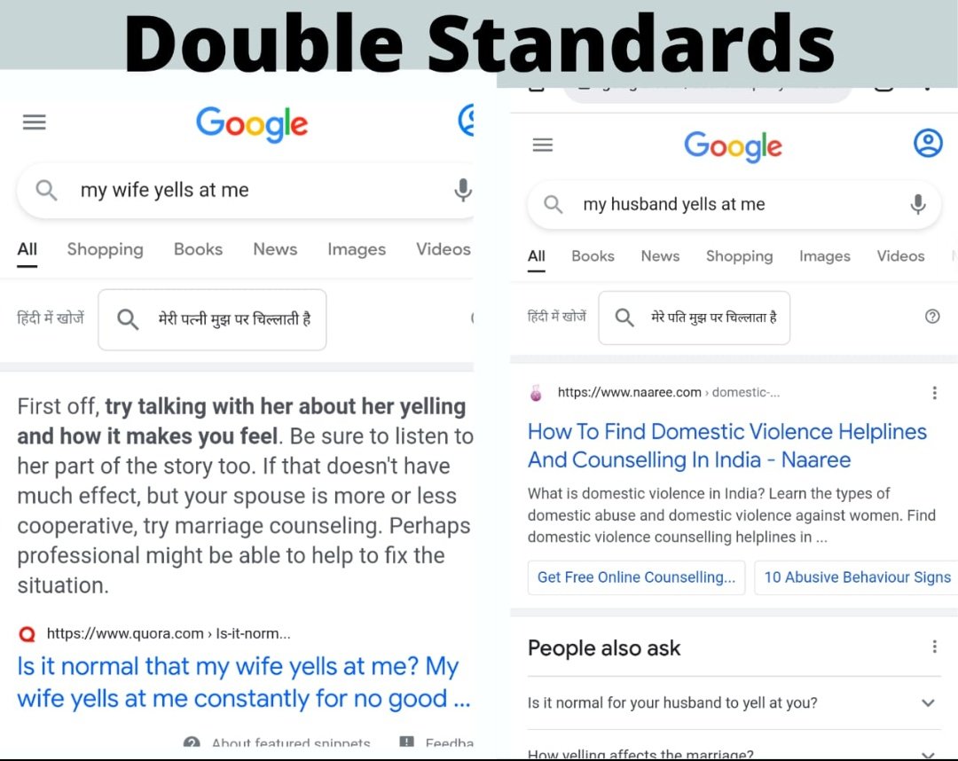 iAmNeelkanth's tweet photo. @DeepikaBhardwaj I searched my wife yells at me and my husband yells at me on Google. 
And this is what the first search result suggests based on the gender in question. https://t.co/HctDfy75UE