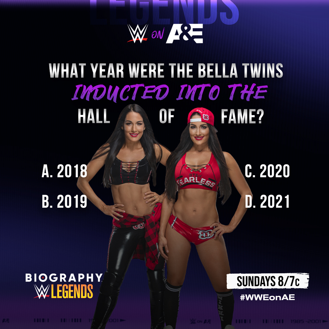 WWEonAE's tweet photo. Test your @BellaTwins knowledge ahead of an all-new Biography: WWE Legends starting TOMORROW at 8/7c on @AETV, as part of #WWEonAE’s Superstar Sunday. https://t.co/Qr0XxIULKW