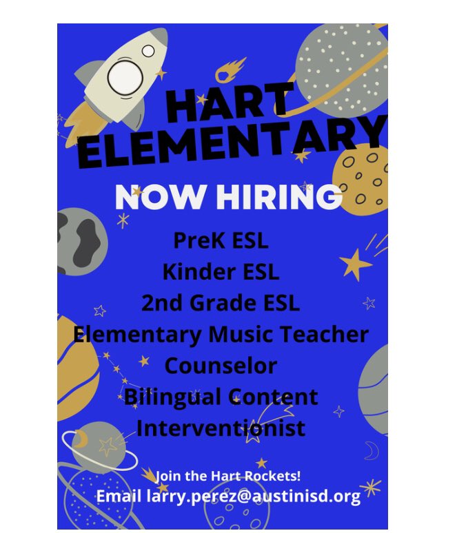 Come work with us! Join our awesome Hart Rocket 🚀 team!@PerezLarryG #aisdproud #hartelementary