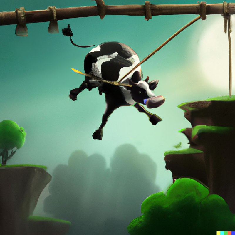 Rope Cow, as "imagined" by DALL-E 2. 

This image alone is better than any art I managed to generate 🙄😅🐮. 

Thanks <a href="/Delunad0/">Delunado👾</a> for the image!