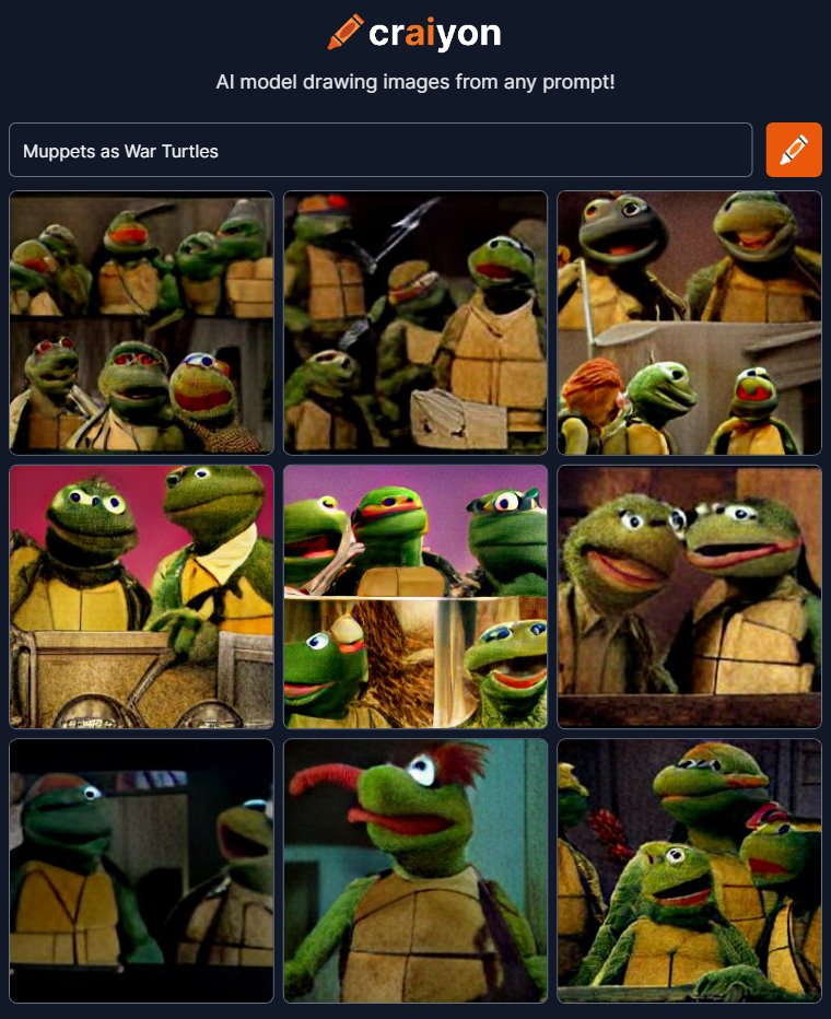 HRGL89's tweet photo. Muppets as War Turtles
War Turtles = Ninja Turtles, at least according to the AI...
#DALLE #DALLEmini #Craiyon #AIArt #Muppets #WarTurtles #WarTurtle #Mythology #AgeofMythology #AoM https://t.co/Ez8rcA06s3