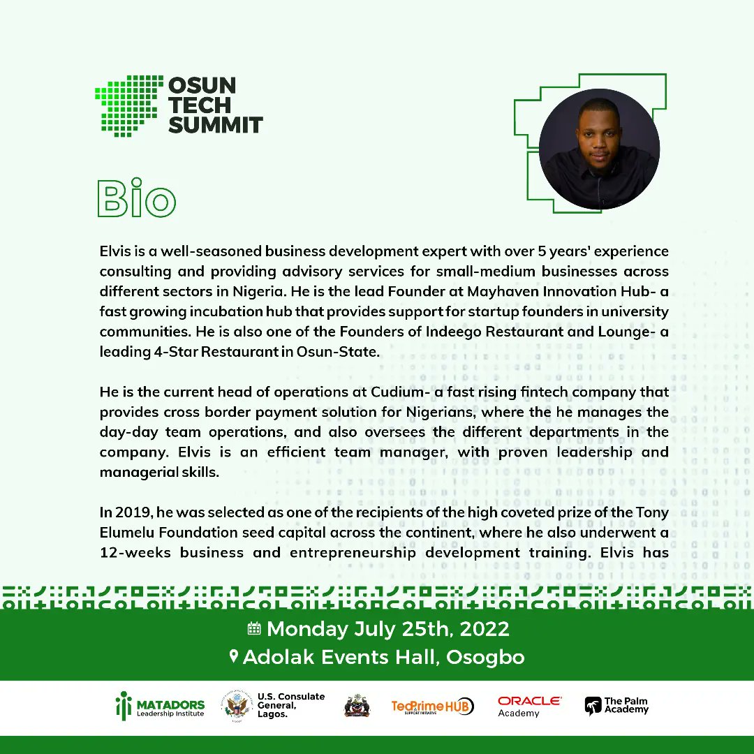 matadorsnigeria's tweet photo. We are excited to have @KayodeElvis, speak to us at the Osun Tech Summit. 

Elvis Idowu is a business development and management consultant, with 4 years of experience working with small-medium businesses across different sectors in Nigeria. https://t.co/9wa0tfJmeB