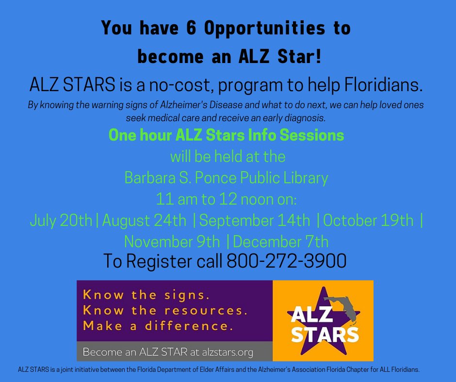BSPLibrary's tweet image. There are 5 more opportunities to become an ALZ Star! Our next event will be on August 24th at 11am. This event will help raise awareness of dementia and also inform attendees of all the resources available to Floridians. To learn more or to RSVP, please call 800-272-3900.