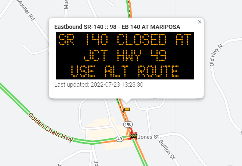 #TrafficUpdate: SR-140 is now closed from the SR-49 connection to Ponderosa Way due to the #OakFire in #MariposaCounty. Travelers should use alternate route. Road conditions available using Quickmap.dot.ca.gov.