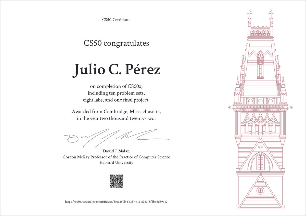 jcperezag's tweet photo. Keep Learning!

Thanks very much to all the team of #CS50. A great journey.

#Harvard #programming #C #python #html #CSS #SQL # https://t.co/SrvPNIL8V9