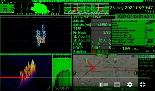 UapTracker's tweet photo. After the meteor was recorded on cam this impressive passive FS radar signature ( approx 40secs ) was captured on #sdrconsole + #spectrumlab during the live stream. ISS was not passing over - see / listen to live stream here https://t.co/jAsshe63oo https://t.co/OXe0qC7Ysd