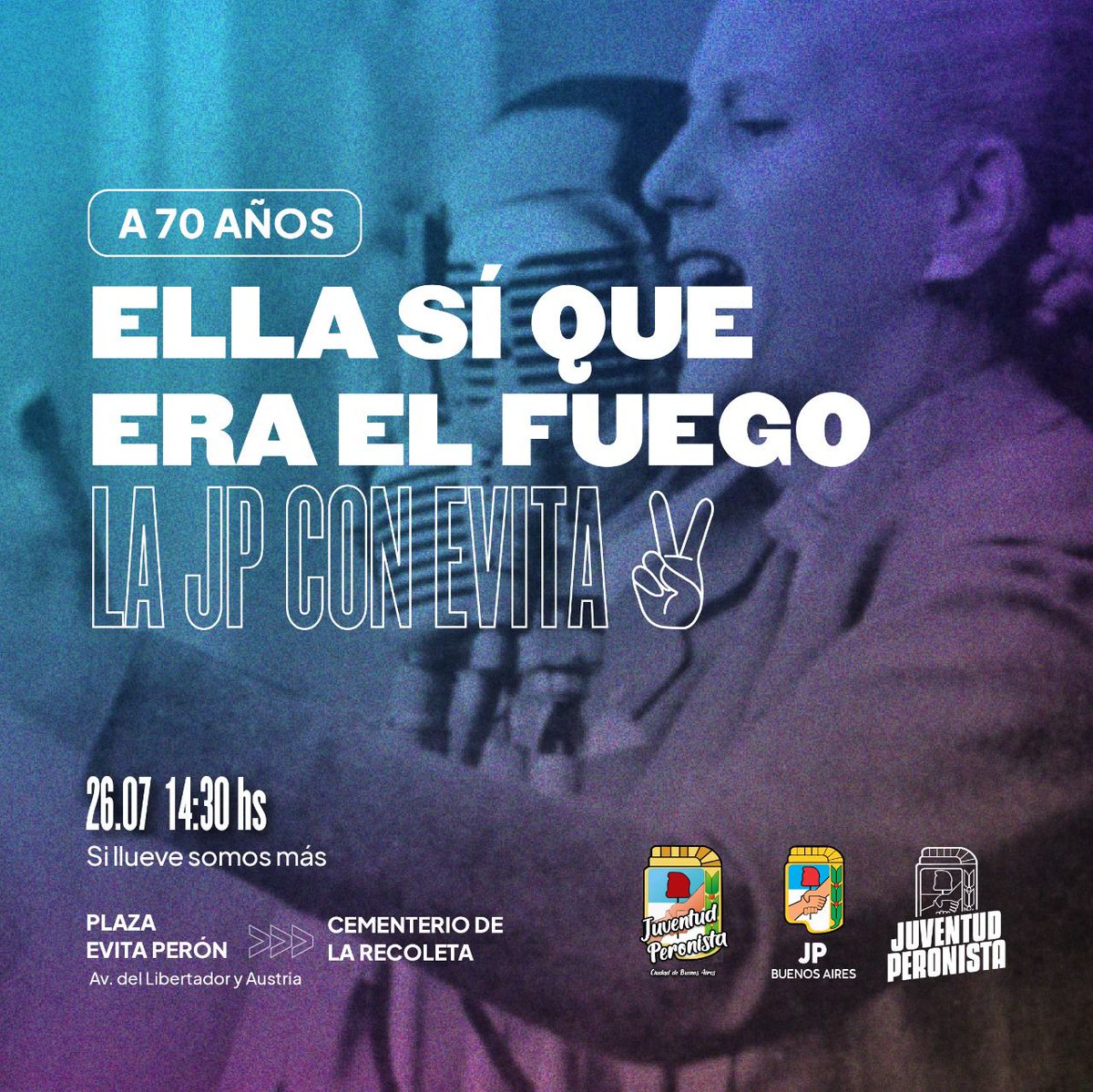 GranadosDulceOk's tweet photo. Como consejera del Partido Justicialista de la provincia de Buenos Aires hago extensiva la convocatoria del @pjprovinciaba a participar de la jornada de homenajes por el 70 aniversario del paso a la inmortalidad de #Evita ✌️

Junto a compañerxs de la @Jp_caba  y @jpnacional_ https://t.co/mXjbICIl9h