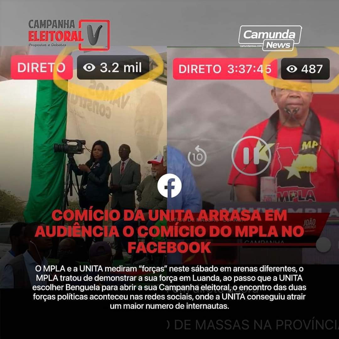 Arrancou hoje 23 de Julho  a Campanha eleitoral para as próximas eleições de 24 de Agosto do corrente ano.

O MPLA de João Lourenço escolheu Luanda ao passo que a UNITA DE ACJ escolheu a província de Benguela.
O COMÍCIO UNITA ARRASOU EM AUDIÊNCIA O COMÍCIO DO MPLA NO FACEBOOK..