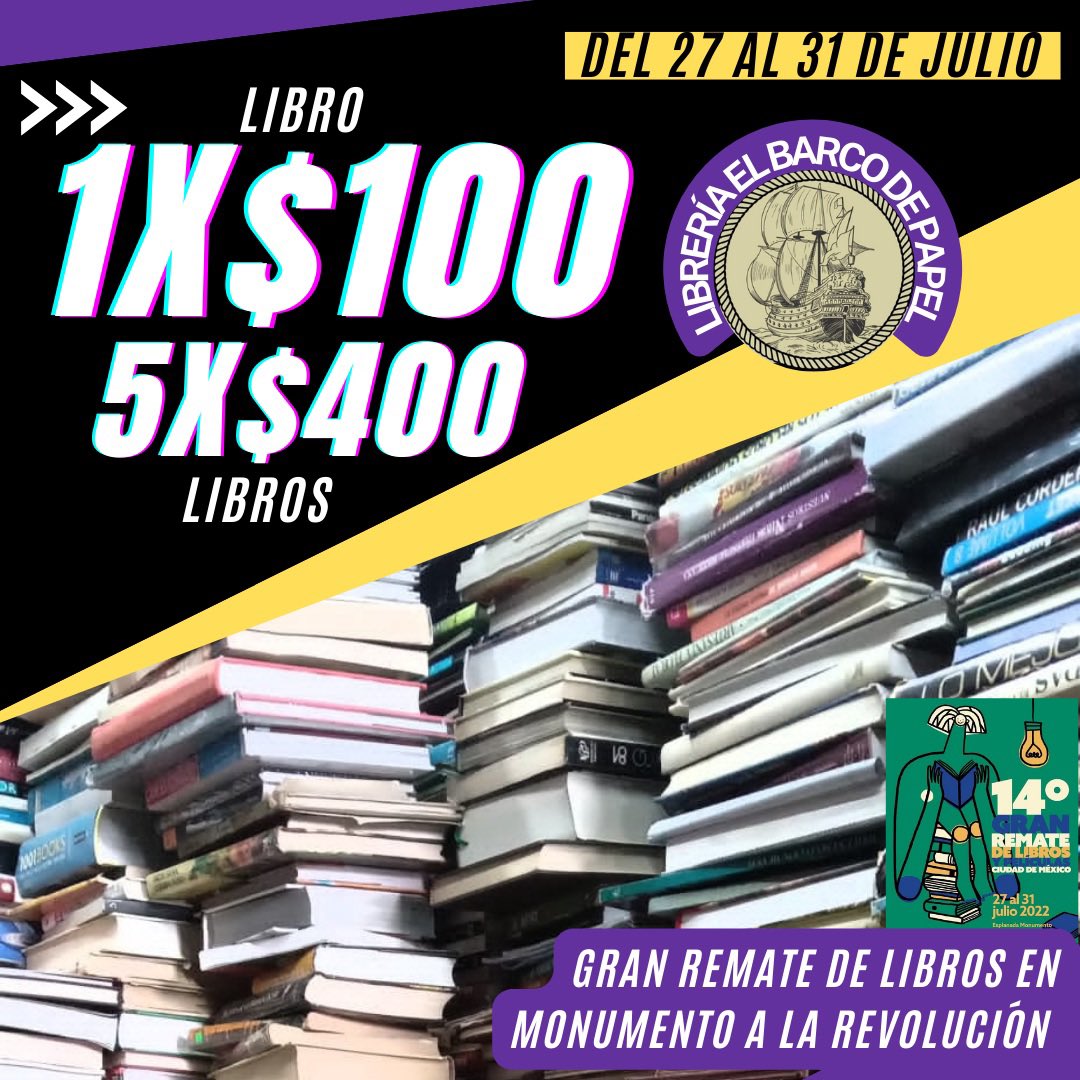 ElBarcodePapel's tweet photo. ¡Empieza el conteo!
¡FALTAN 4 DÍAS PARA EL GRAN REMATE EN EL MONUMENTO A LA REVOLUCIÓN!

Estén atent@s a nuestras publicaciones. 

#ElBarcoDePapel #MonumentoALaRevolución #GranRemateDeLibros #LibrosCdmx #Cdmx #Promociones #GranRemate #Libros #LibrosAlAlcanceDeTodos https://t.co/LzbMHG9sA4