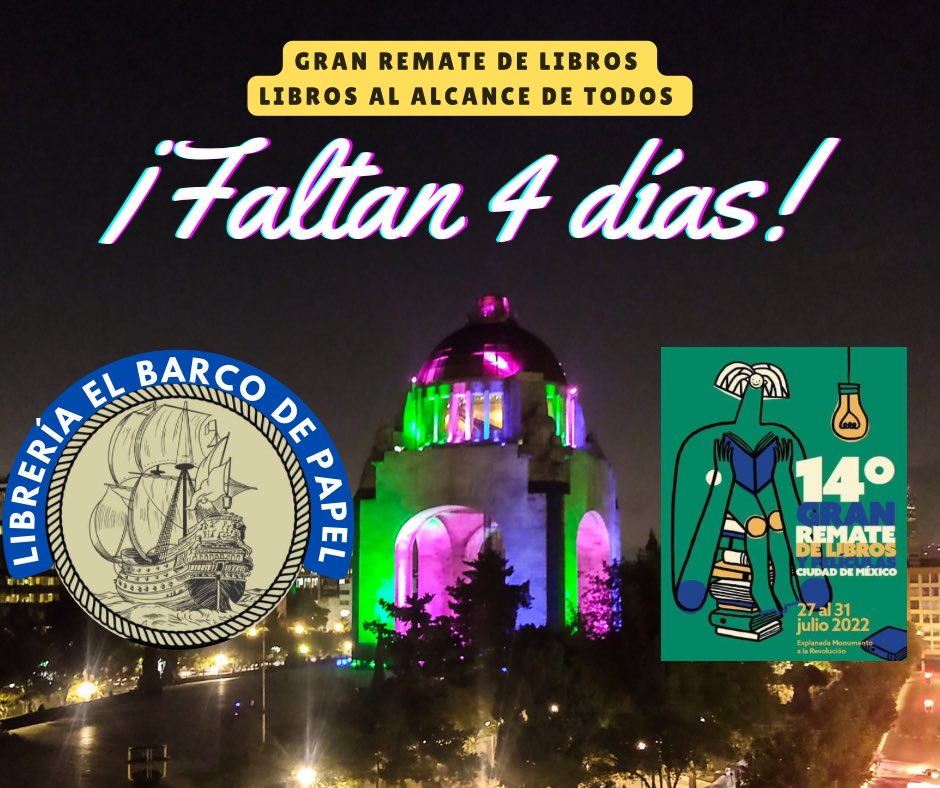 ElBarcodePapel's tweet photo. ¡Empieza el conteo!
¡FALTAN 4 DÍAS PARA EL GRAN REMATE EN EL MONUMENTO A LA REVOLUCIÓN!

Estén atent@s a nuestras publicaciones. 

#ElBarcoDePapel #MonumentoALaRevolución #GranRemateDeLibros #LibrosCdmx #Cdmx #Promociones #GranRemate #Libros #LibrosAlAlcanceDeTodos https://t.co/LzbMHG9sA4