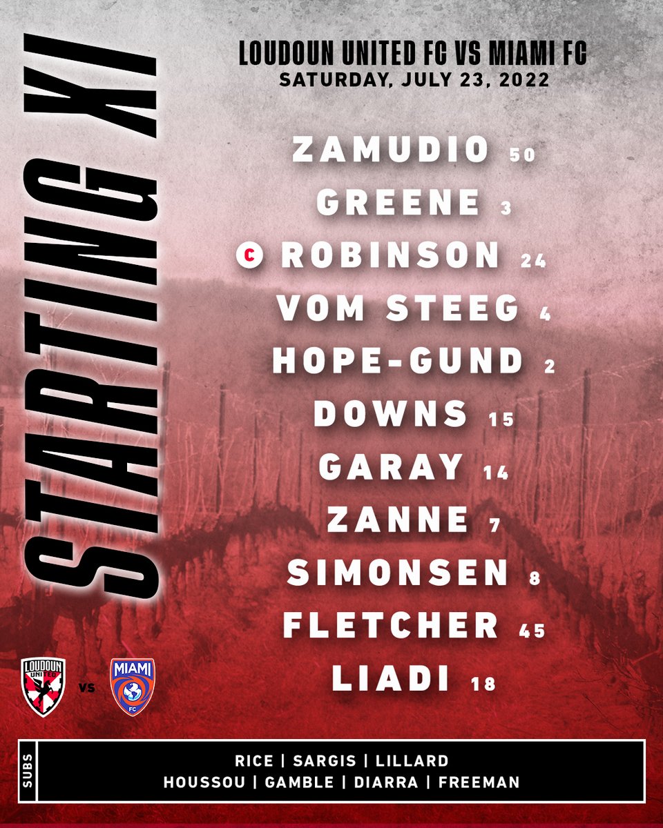 The Starting XI 🆚 Miami FC

🇺🇸 <a href="/krisfletch2/">Kris Fletcher</a> records first career start for LUFC
💨 <a href="/ousseni_zanne/">Ousseni zanne</a> returns to the lineup
 🇸🇻 <a href="/jeremygaray10/">Jeremy Garay</a> claims 50th Loudoun United appearance

#LetsRide | #LDNvMIA