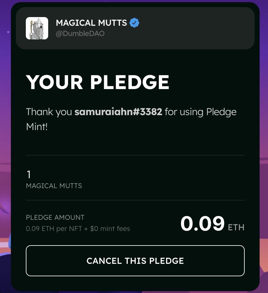 LifeLibertyNFT1's tweet photo. Just locked in a @DumbleDAO #MagicalMutts NFT using Pledge Mint by @CultureCubsNFT and could not be more stoked both for the Magical Mutt itself and the seamless #PledgeMint experience! ๐ช๐งโโ๏ธ๐ป https://t.co/hbxbkPKKGF