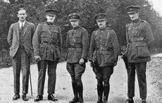 #100YearsAgo Photo from July 1922: Commander-In-Chief Free State Army Michael Collins at the Curragh Camp in County Kildare with Col. Micheal Dunphy, Major General Emmet Dalton, Comdt-Gen P MacMahon and Comdt-Gen D O'Hegarty.