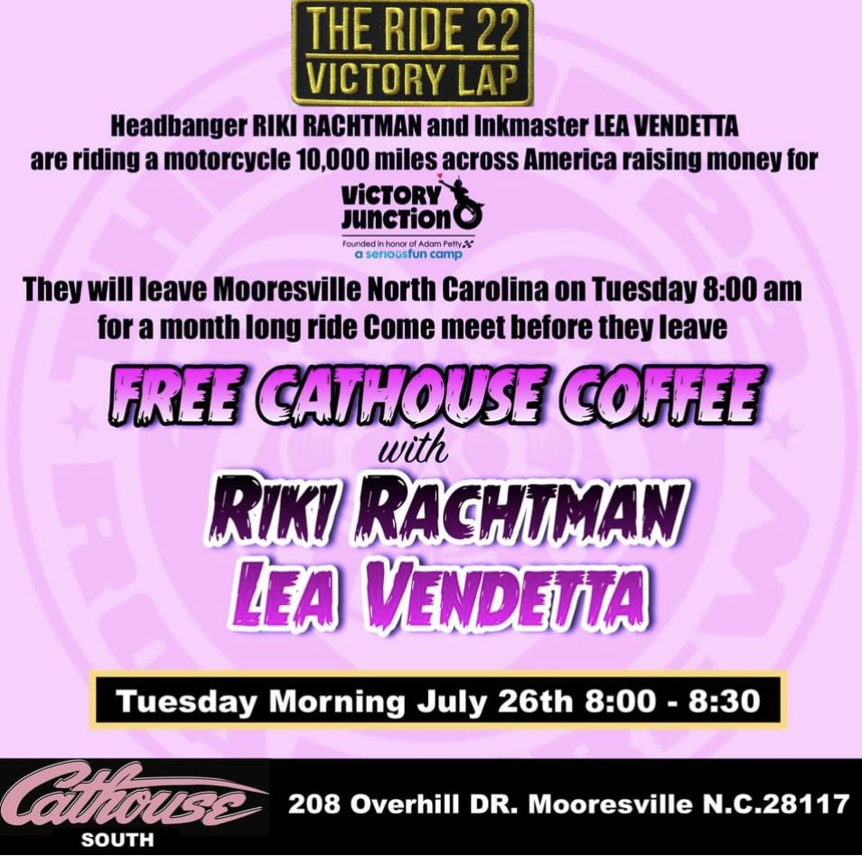RikiRachtman's tweet photo. Tuesday join #rikirachtman @LeaVendetta for FREE @cathouse_coffee as they leave for 1 month 5,000 miles on an @indianmotocycle raising money for @VictoryJunction 8:00 am in Mooresville NC https://t.co/LI19jprrjO