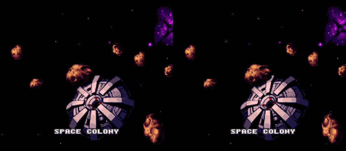 LittleBitLatte's tweet photo. I experimented with stereoscopic #SNES games by taking screenshots at different positions. The separation on some of these is way too high, but the idea is intriguing. An emulator could be configured to render background layers with different separations based on memory values. https://t.co/vhkvGPb2q6