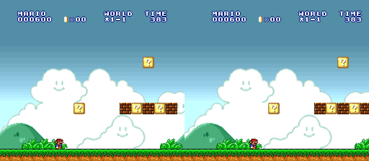 LittleBitLatte's tweet photo. I experimented with stereoscopic #SNES games by taking screenshots at different positions. The separation on some of these is way too high, but the idea is intriguing. An emulator could be configured to render background layers with different separations based on memory values. https://t.co/vhkvGPb2q6