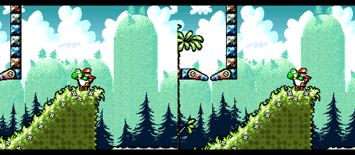 LittleBitLatte's tweet photo. I experimented with stereoscopic #SNES games by taking screenshots at different positions. The separation on some of these is way too high, but the idea is intriguing. An emulator could be configured to render background layers with different separations based on memory values. https://t.co/vhkvGPb2q6
