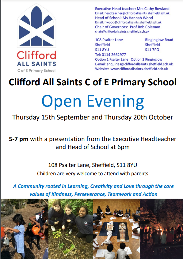 We are holding open evenings for potential new families to encourage them to join our Clifford All Saints community. They will be held on the 15th September and the 20th October 5-7pm. Please share this flyer and spread the news! Thank you.